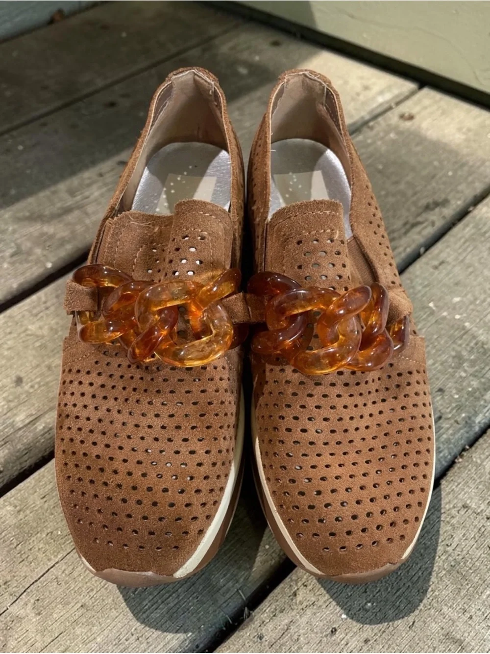 Dolce Vita Tan‎ Suede Platform Slip-On Loafers with Amber Chain